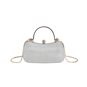 Silver glitter evening clutch bag with circular handle and gold chain shoulder strap
