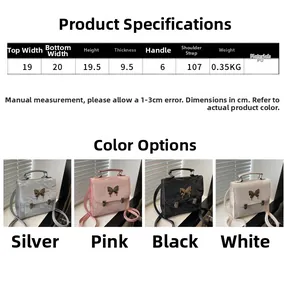Detailed size chart for stylish PU butterfly handbag with dimensions and color variations
