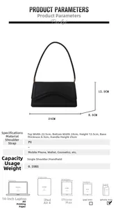 Detailed size chart for the black PU leather shoulder bag showing 24cm width dimensions