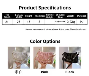 Detailed size chart for pleated PU shoulder bag with pearl chain in white, pink and black