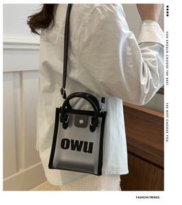 Détail du sac à main transparent en PVC givré avec bordures en similicuir noir et logo