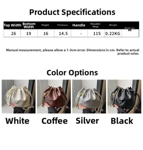 Detailed view of drawstrings and metallic chain on a textured PU leather bucket bag