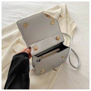 Detail view of silver crossbody bag with gold magnetic clasp and internal storage space