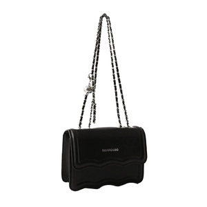 Sac à bandoulière noir pour femme avec bord ondulé et pendentif boule argentée