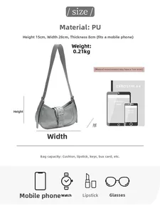 Détail du sac demi-lune gris montrant la taille de 28cm et la capacité quotidienne