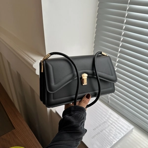 Women PU Leather Crossbody Bag Gold Metal Lock Minimalist Underarm Baguette Bag Solid Color Daily Shoulder Purse