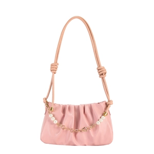 Pink pleated cloud bag for women with decorative pearl chain and knotted shoulder strap