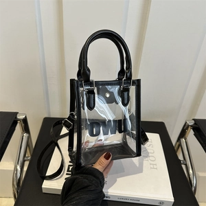Mini sac transparent en PVC avec bordure en cuir noir et poignée pour femme élégante