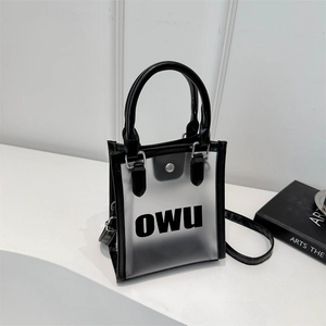Mini sac à main transparent en PVC avec bordures en cuir noir et logo OWU sur fond blanc