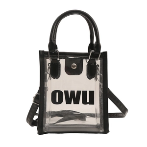 Sac fourre-tout transparent en PVC avec bordure en cuir noir et lettres OWU pour femmes