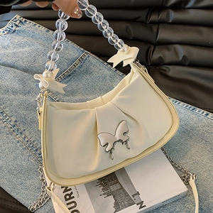 Pleated Underarm Bag With Beaded Handle And Metal Butterfly Buckle Ruched Shoulder Handbag For Women Sweet Y2K Style