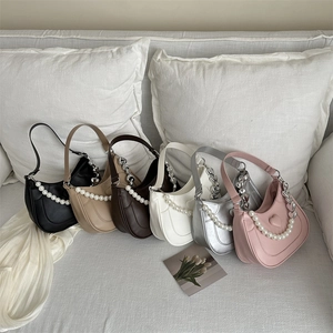 Sweet heart-embossed half-moon crossbody bag with pearl chain in multiple colors