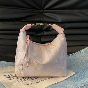 Pink New Chinese style handbag with landscape pattern and silver metal ring handle