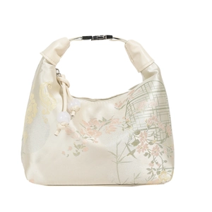 Elegant floral satin small square handbag with traditional embroidery and tassel charm