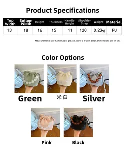 Tableau des tailles du sac seau en similicuir avec dimensions et coloris variés