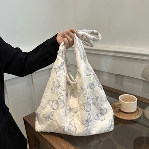 Large Capacity Shoulder Bag Butterfly Floral Print Fabric Tote Handbag Aesthetic Lazy Style Raw Edge Fringe Design