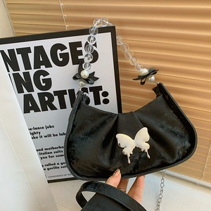 Women Pleated Crescent Shoulder Bag Metal Butterfly Decor Bead Pearl Handle Chain Strap Y2K Fashion PU Leather Underarm Bag