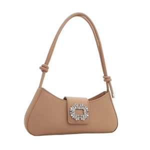 Elegant beige baguette bag with a square crystal buckle and knotted shoulder strap