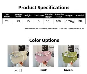 Size chart for PU leather chain bag with dimensions, weight and color variants display