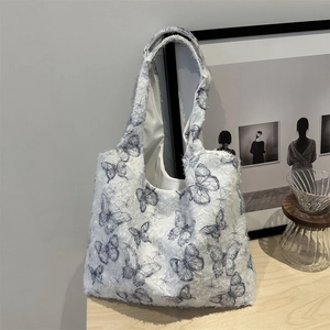 Vintage Butterfly Floral Print Tote Bag Large Capacity Plush Fabric Shoulder Bag Artistic Handbag For Women Student Daily Use