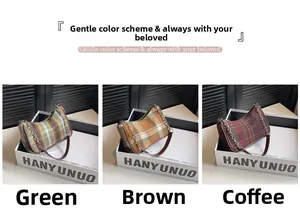 Three plaid pattern shoulder bags in green, brown, and coffee with metal chain straps
