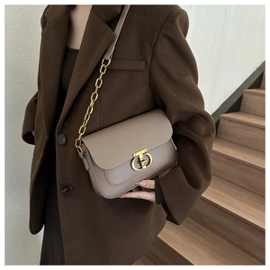 Gros plan d'un sac sous le bras en cuir taupe avec boucle dorée et bandoulière en chaîne
