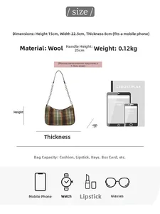 Detail view of plaid woolen baguette bag with size specs and internal capacity reference