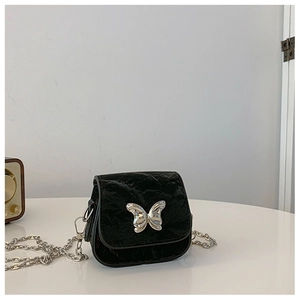 Vue détaillée de la boucle papillon argentée et de la pochette noire à chaîne