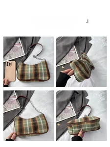 Detailed views of plaid wool shoulder bag with metal chain strap and leather stitching