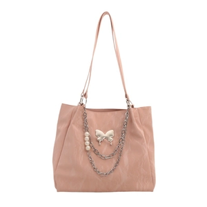 Pink minimalist tote bag with silver chain, butterfly charm and pearl details