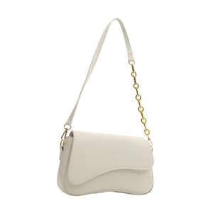 Minimalist off-white faux leather crossbody bag with wave flap and gold chain strap