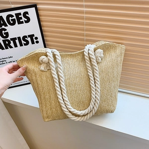 Summer Straw Woven Tote Bag Large Capacity Handbag With Knotted Cotton Rope Handle For Beach Vacation Casual Style