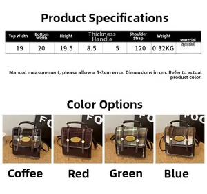 Detailed size chart for retro plaid backpack with measurements and specifications