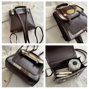 Detail views showing plaid patchwork texture and interior capacity of the vintage backpack