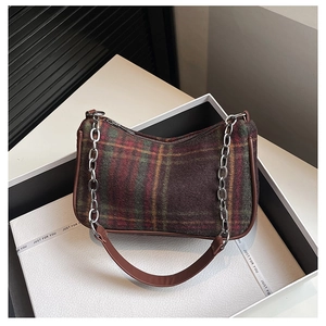 Retro plaid baguette bag with silver chain and leather strap in white gift box