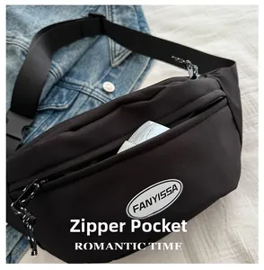 Detail of oxford fabric chest bag with front logo and functional zipper pocket