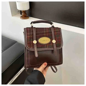 Retro mini PU backpack with brown faux leather and red-green plaid pattern details