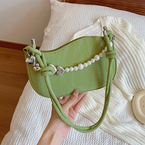 Women PU Leather Underarm Shoulder Bag Half Moon Chic Handbag With Faux Artificial Pearl Chain And Heart Metal Charm Braided Strap