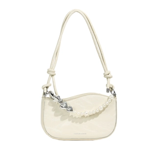 Chic beige crescent underarm bag with pearl heart chain and slim shoulder straps