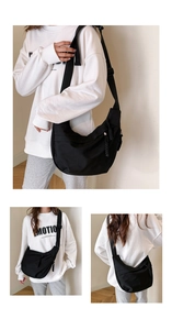Detailed views of a black nylon crescent crossbody bag with adjustable strap and woven zipper