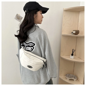 Detail showing the adjustable woven strap and side view of the white canvas waist bag