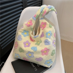 Furry tote bag with colorful macaron floral patterns and soft plush texture for women
