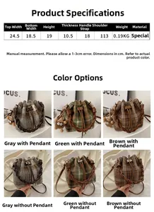 Detailed size chart and dimensions for the plaid bucket bag with various color options