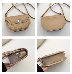 Detailed views of light khaki quilted crossbody bag with hexagonal design and silver lock