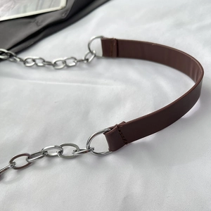 Brown leather shoulder strap with silver metal chain for casual baguette underarm bags