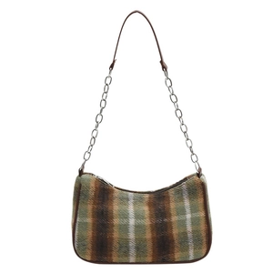 Retro tweed plaid underarm bag with green and brown checkered texture and chain strap
