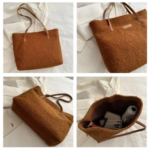Detail view of large capacity brown plush tote bag showing spacious interior for daily items