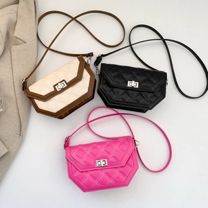 Quilted hexagon crossbody bags with metal twist locks in beige, black, and pink colors