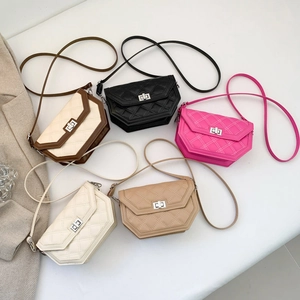 Quilted crossbody bags in black, pink, beige, and white with silver twist locks