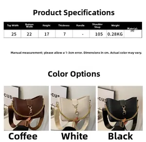 Detailed size chart and three-color comparison of stylish large PU bucket bags with chain